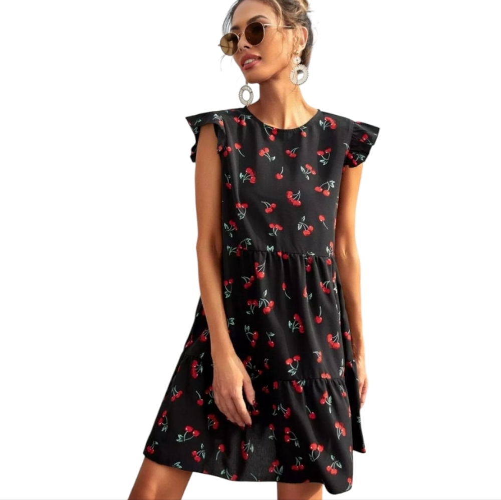 Women's Mini Dress Sz Small Mini Ruffle Sleeve Keyhole Back W-339